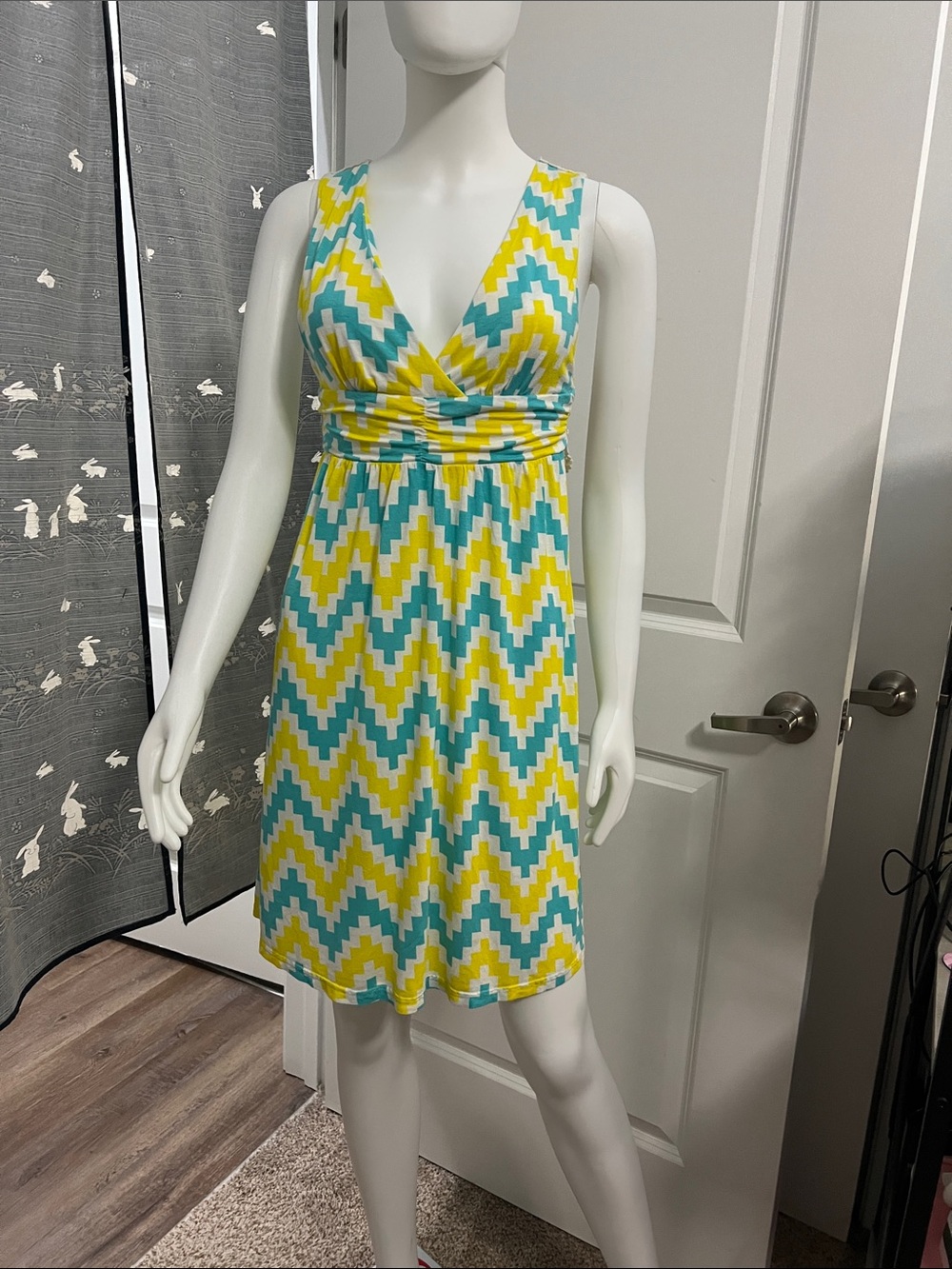 Macbeth Collection by Margaret Josephs Yellow, Turquoise & White Zigzag Dress